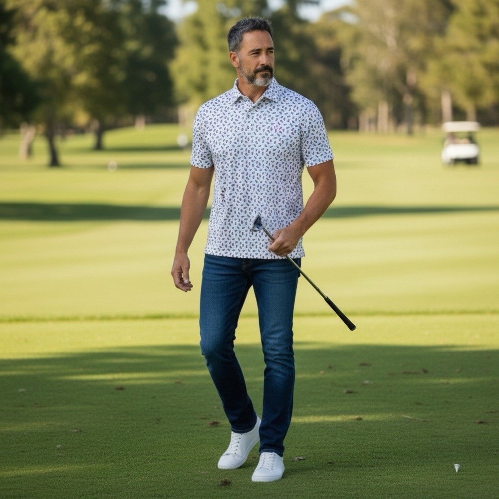 Rhoback Polo Shirt Mens M The Cocktail White Glasses Stretch Embroidered Logo